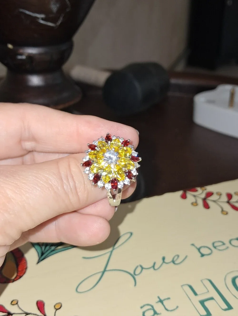 Yellow and Red  Australian Crystals Multi-Stone Floral Cocktail Ring